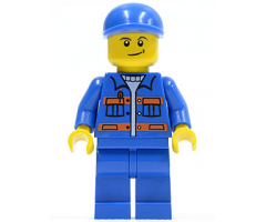 Blue Jacket with Pockets and Orange Stripes, Blue Legs, Blue Short Bill Cap, Crooked Smile