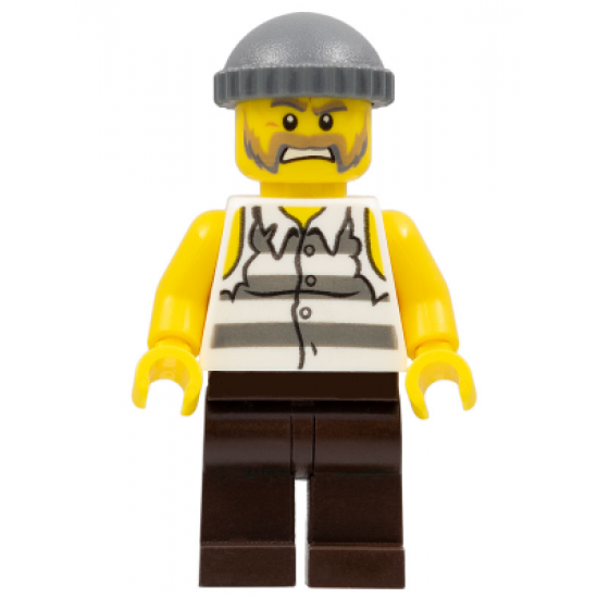 Police - Jail Prisoner Shirt with Prison Stripes and Torn out Sleeves, Dark Brown Legs, Dark Bluish Gray Knit Cap