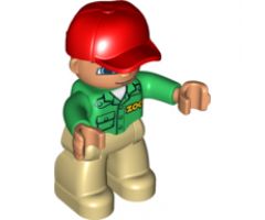 Duplo Figure Lego Ville, Male, Tan Legs, Green Top with 'ZOO' on Front and Back, Red Cap, Blue Eyes (Zoo Worker)