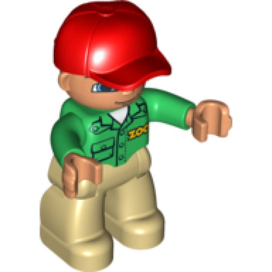 Duplo Figure Lego Ville, Male, Tan Legs, Green Top with 'ZOO' on Front and Back, Red Cap, Blue Eyes (Zoo Worker)