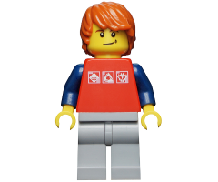 Red Shirt with 3 Silver Logos, Dark Blue Arms, Light Bluish-Gray Legs, Dark Orange Hair