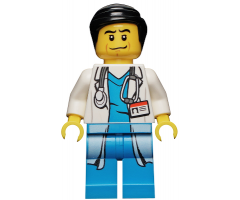 Doctor - Long Lab Coat over Dark Azure Shirt, Stethoscope, Black Smooth Hair