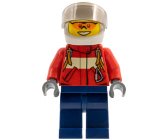 Fire - Pilot Male, Red Fire Suit with Carabiner, Dark Blue Legs, White Helmet, Trans-Black Visor, Orange Safety Glasses