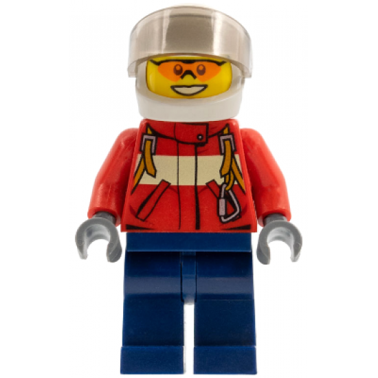 Fire - Pilot Male, Red Fire Suit with Carabiner, Dark Blue Legs, White Helmet, Trans-Black Visor, Orange Safety Glasses