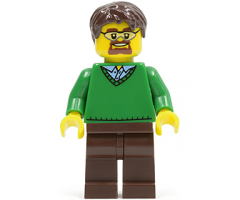 Green V-Neck Sweater, Dark Brown Legs, Dark Brown Short Tousled Hair, Safety Goggles