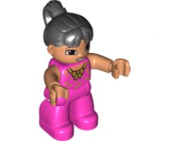 Duplo Figure Lego Ville, Female Tightrope Walker, Dark Pink Legs and Top with Gold Bow and Stars, Black Ponytail Hair, Brown Eyes