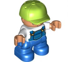 Duplo Figure Lego Ville, Child Boy, Blue Legs, White Top with Blue Overalls, Lime Cap, Freckles