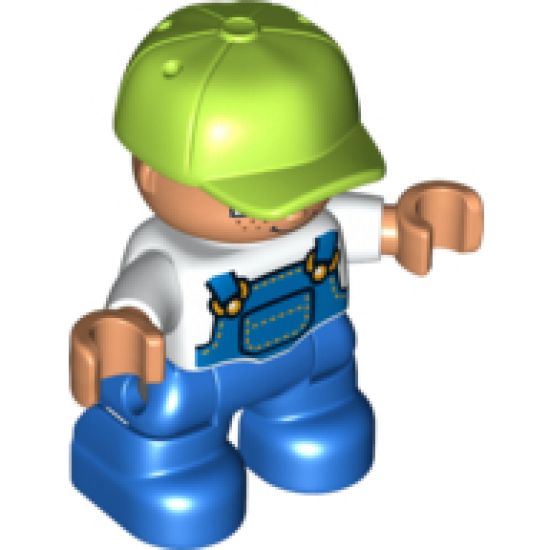 Duplo Figure Lego Ville, Child Boy, Blue Legs, White Top with Blue Overalls, Lime Cap, Freckles