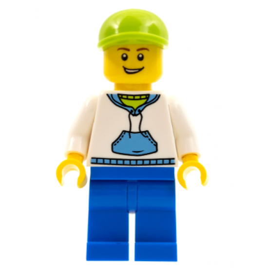 White Hoodie with Blue Pockets, Blue Legs, Lime Short Bill Cap