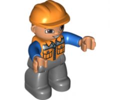 Duplo Figure Lego Ville, Male, Dark Bluish Gray Legs, Orange Vest with Zipper and Pockets, Orange Construction Helmet