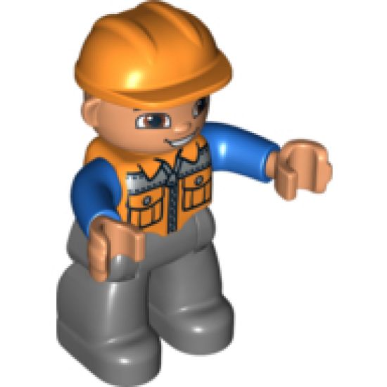Duplo Figure Lego Ville, Male, Dark Bluish Gray Legs, Orange Vest with Zipper and Pockets, Orange Construction Helmet