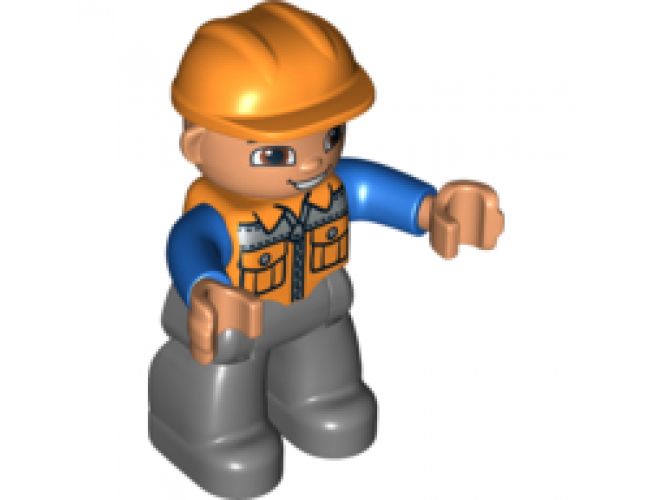 Duplo Figure Lego Ville, Male, Dark Bluish Gray Legs, Orange Vest with Zipper and Pockets, Orange Construction Helmet