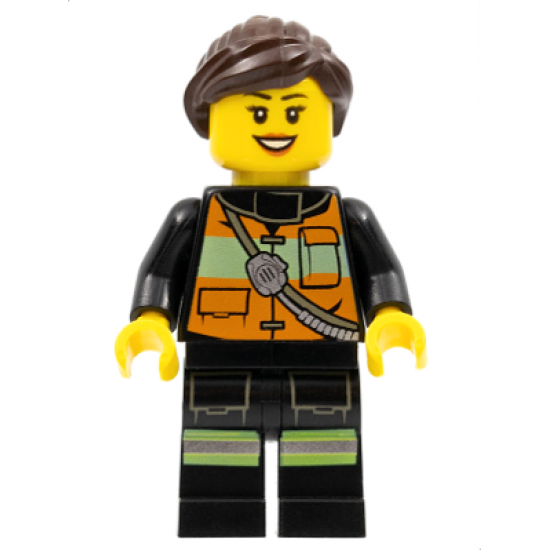 Fire - Reflective Stripe Vest with Pockets and Shoulder Strap, Dark Brown Ponytail and Swept Sideways Fringe