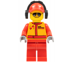 Monster Truck Mechanic, Race Suit with Airborne Spoilers Logo, Red Cap with Hole, Headphones, Black and Silver Sunglasses