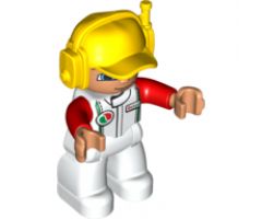 Duplo Figure Lego Ville, Male, White Legs, White Race Top with Octan Logo, Yellow Cap with Headset