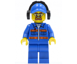 Blue Jacket with Pockets and Orange Stripes, Blue Legs, Blue Cap with Hole, Headphones, Safety Goggles