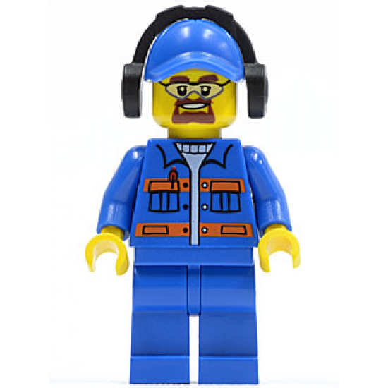 Blue Jacket with Pockets and Orange Stripes, Blue Legs, Blue Cap with Hole, Headphones, Safety Goggles