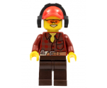 Flannel Shirt with Pocket and Belt, Dark Brown Legs, Red Cap with Hole, Headphones, Orange Safety Glasses