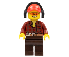 Flannel Shirt with Pocket and Belt, Dark Brown Legs, Red Cap with Hole, Headphones, Orange Safety Glasses