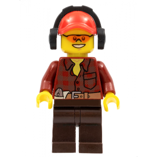 Flannel Shirt with Pocket and Belt, Dark Brown Legs, Red Cap with Hole, Headphones, Orange Safety Glasses