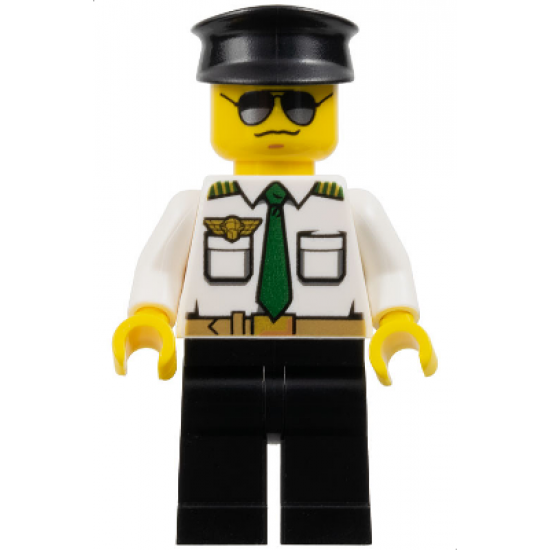 Airport - Pilot, White Shirt with Dark Green Tie and Belt, Black Legs, Black Hat