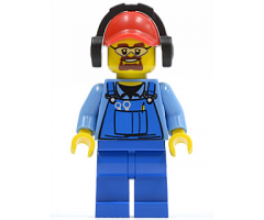 Cargo Worker - Overalls with Tools in Pocket Blue, Red Cap with Hole, Headphones, Safety Goggles