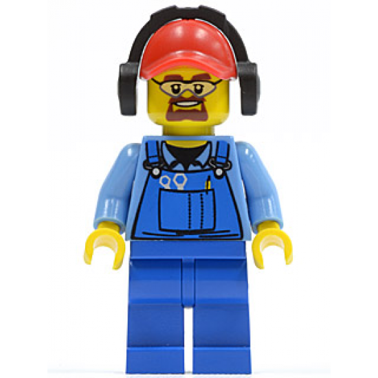 Cargo Worker - Overalls with Tools in Pocket Blue, Red Cap with Hole, Headphones, Safety Goggles
