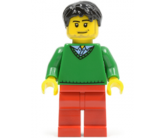 Green V-Neck Sweater, Red Legs, Black Short Tousled Hair, Smirk and Stubble Beard