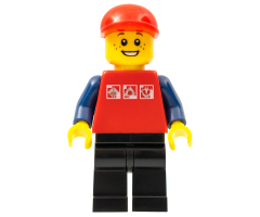 Red Shirt with 3 Silver Logos, Dark Blue Arms, Black Legs, Red Short Bill Cap, Freckles