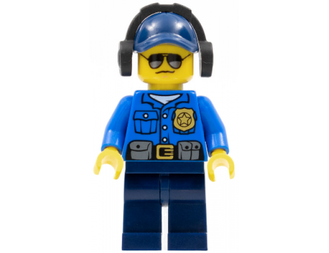 Police - City Officer, Gold Badge, Dark Blue Cap with Hole, Headphones, Sunglasses