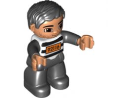 Duplo Figure Lego Ville, Male, Black Legs, Black and White Striped Top with Number 92116, Black Hair (Prisoner)