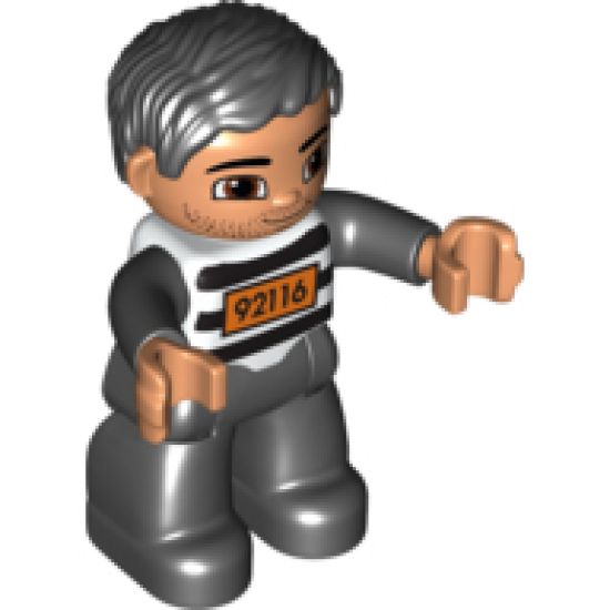 Duplo Figure Lego Ville, Male, Black Legs, Black and White Striped Top with Number 92116, Black Hair (Prisoner)