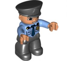 Duplo Figure Lego Ville, Male Police, Black Legs, Medium Blue Top with Badge, Black Hat