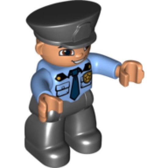 Duplo Figure Lego Ville, Male Police, Black Legs, Medium Blue Top with Badge, Black Hat