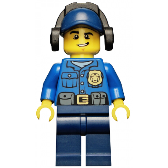 Police - City Officer, Gold Badge, Dark Blue Cap with Hole, Headphones, Lopsided Grin