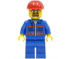 Blue Jacket with Pockets and Orange Stripes, Blue Legs, Red Construction Helmet, Safety Goggles