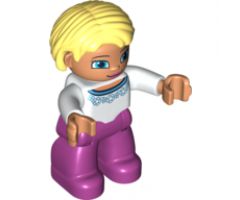 Duplo Figure Lego Ville, Female, Magenta Legs, White Sweater with Blue Pattern, Bright Light Yellow Hair, Blue Eyes