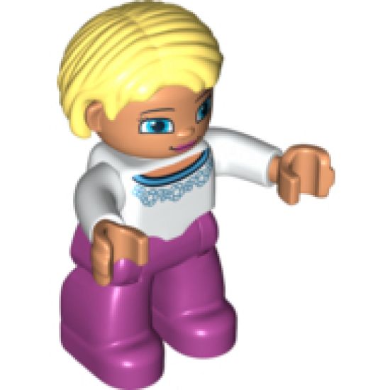 Duplo Figure Lego Ville, Female, Magenta Legs, White Sweater with Blue Pattern, Bright Light Yellow Hair, Blue Eyes