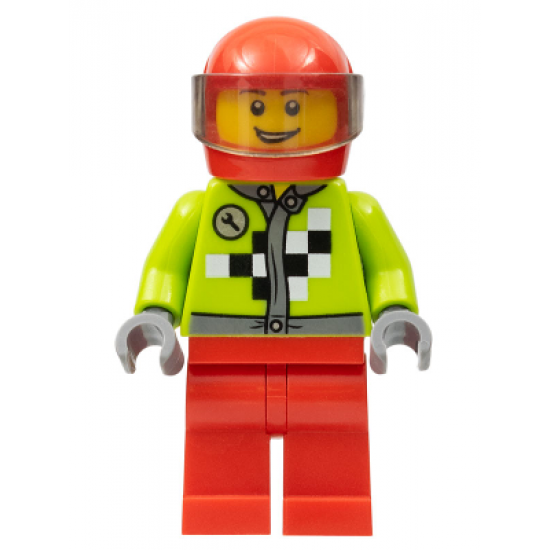 Lime Jacket with Wrench and Black and White Checkered Pattern, Red Legs, Red Helmet, Trans-Black Visor