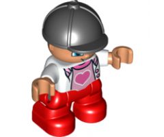 Duplo Figure Lego Ville, Child Girl, Red Legs, White Top with Heart, Black Riding Helmet