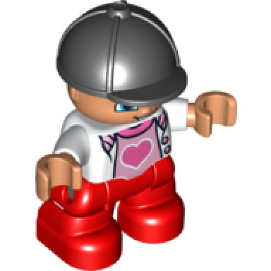 Duplo Figure Lego Ville, Child Girl, Red Legs, White Top with Heart, Black Riding Helmet
