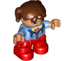 Duplo Figure Lego Ville, Child Girl, Red Legs, Medium Blue Jacket over Shirt with Flower, Reddish Brown Pigtails