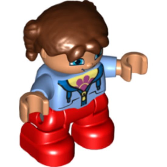 Duplo Figure Lego Ville, Child Girl, Red Legs, Medium Blue Jacket over Shirt with Flower, Reddish Brown Pigtails