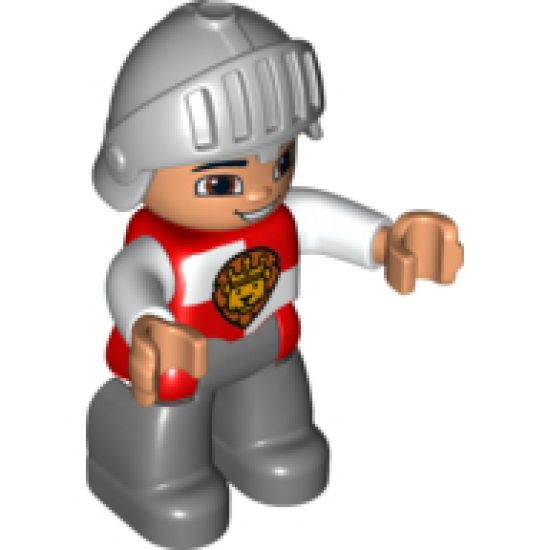 Duplo Figure Lego Ville, Male Castle, Dark Bluish Gray Legs, Red and White Chest with Lion on Shield, Helmet