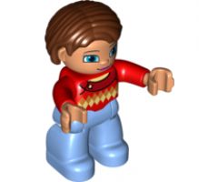 Duplo Figure Lego Ville, Female, Medium Blue Legs, Red Sweater with Diamond Pattern, Reddish Brown Hair, Blue Eyes