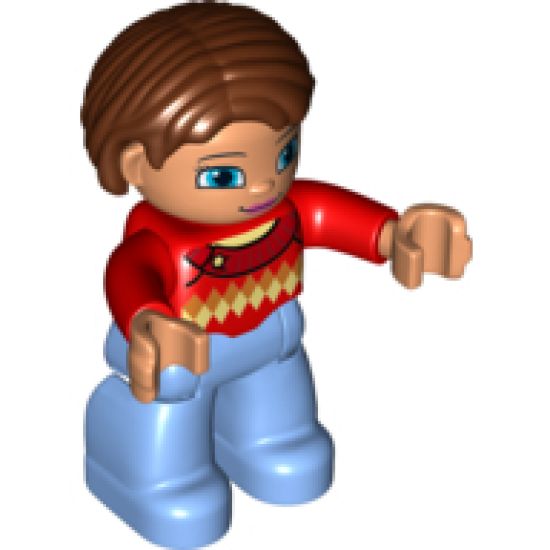 Duplo Figure Lego Ville, Female, Medium Blue Legs, Red Sweater with Diamond Pattern, Reddish Brown Hair, Blue Eyes
