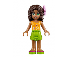 Friends Andrea, Lime Shorts, Bright Light Orange Top with Music Notes, Flower