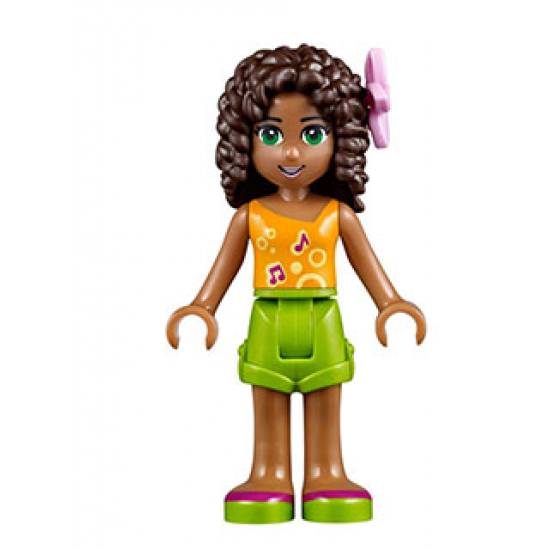 Friends Andrea, Lime Shorts, Bright Light Orange Top with Music Notes, Flower