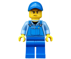 Overalls with Tools in Pocket Blue, Blue Cap with Hole, Sweat Drops