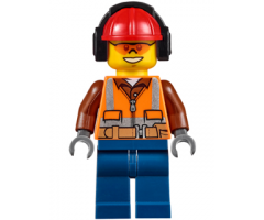 Construction Worker - Male, Orange Safety Vest, Reflective Stripes, Reddish Brown Shirt, Dark Blue Legs, Red Construction Helmet with Black Headphones, Orange Safety Glasses